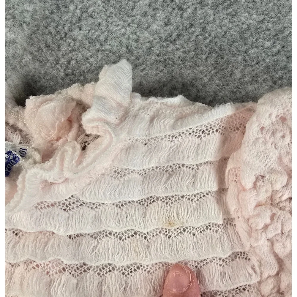 Vintage 80s Baby Girl Pink Knit Romper Portugal Pointelle Bubble One Piece 0-6M
